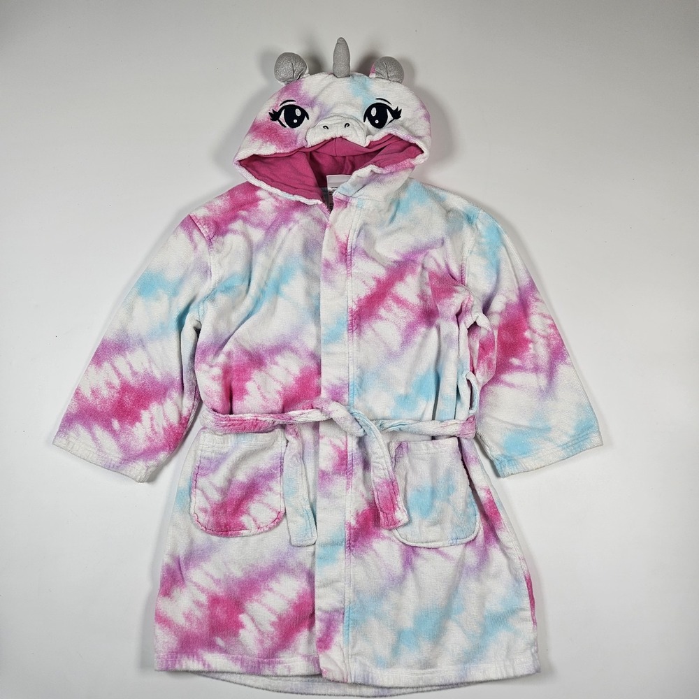 Saint Eve Unicorn Bathrobe Girls M 10/12‎ Pink Blue Tie Dye Fleece Hooded Robe